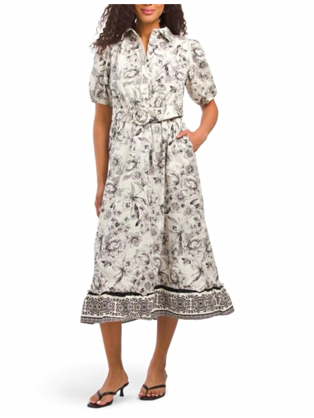 Joie Women’s Size 10 Floral Midi Shirt Dress Belted Puff Sleeve Black Ivory
